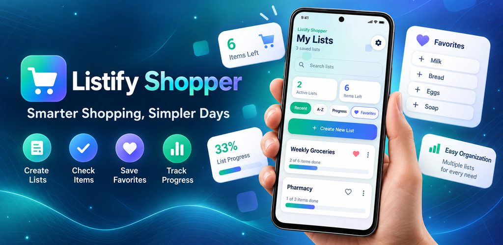 Listify Shopper product artwork showing shopping lists and mobile app interface
